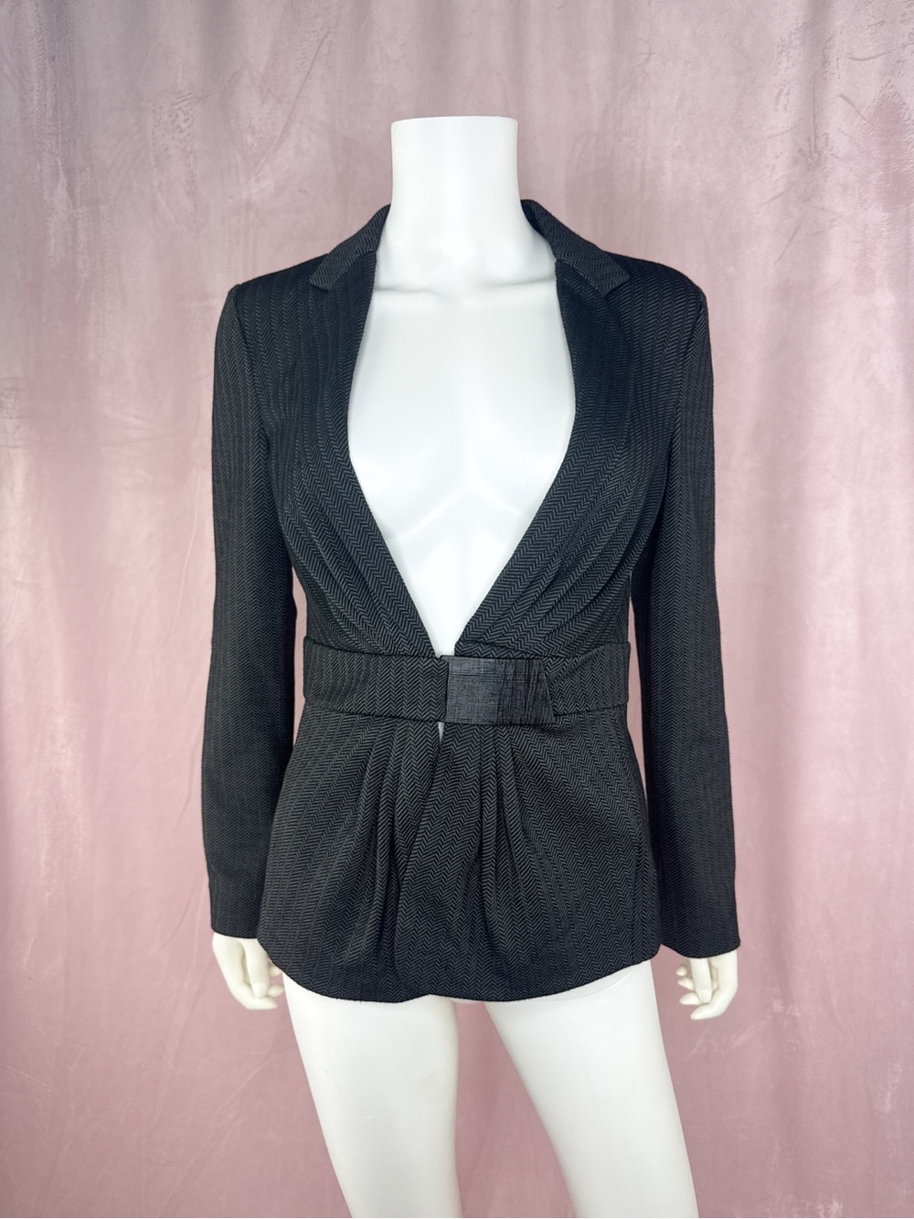 ARMANI COLLEZIONI Womens Black Gray Blazer Jacket Size 6 Buckle Belt Stretch